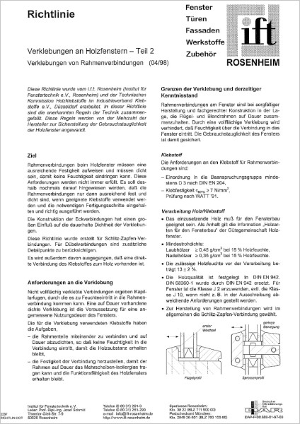 ift-Richtlinie – Verklebungen an Holzfenstern – Teil 2