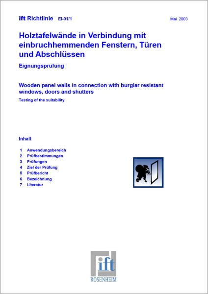 ift-Richtlinie EI-01/1 – Holztafelwände in Verbindung mit einbruchhemmenden Fenstern, Türen und Absc